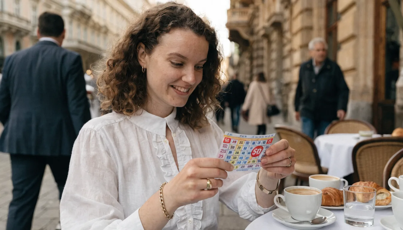 Junge Frau mit 50‑Freispiel‑Ticket im Wiener Café
