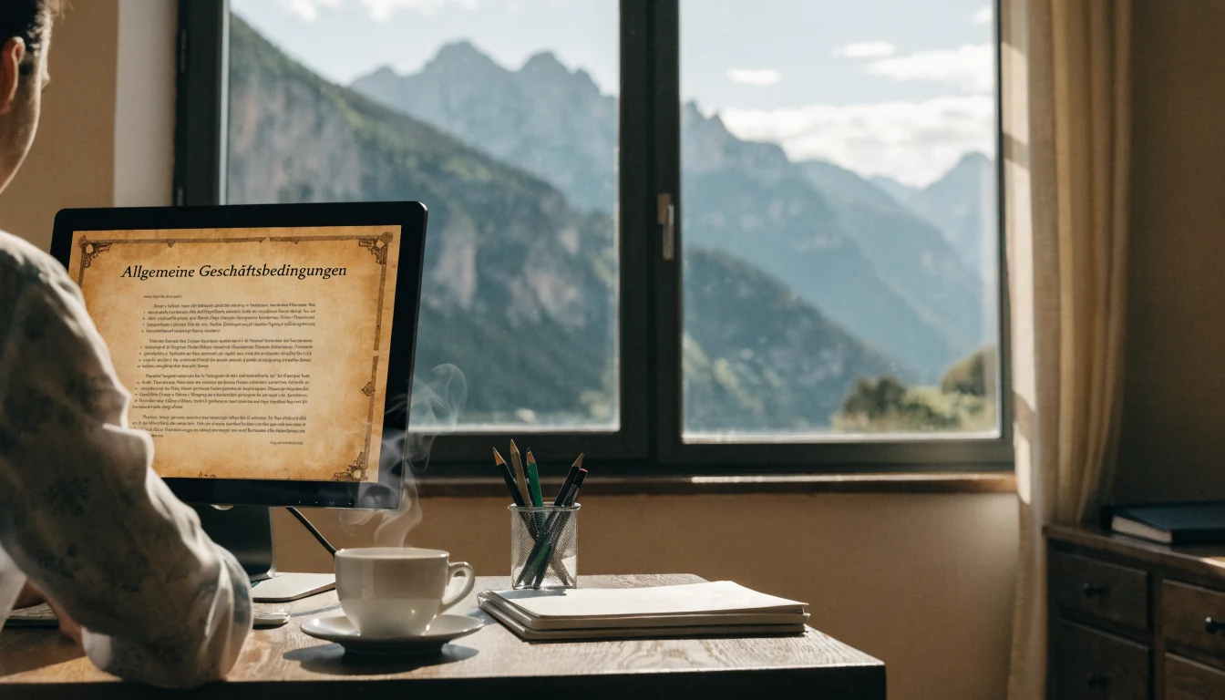 Österreichisches Büro mit AGB-Dokument und Kaffee