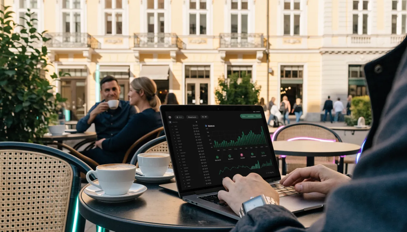 Laptop mit Krypto-Wallet auf Wiener Caféterrasse bei Sonnenlicht