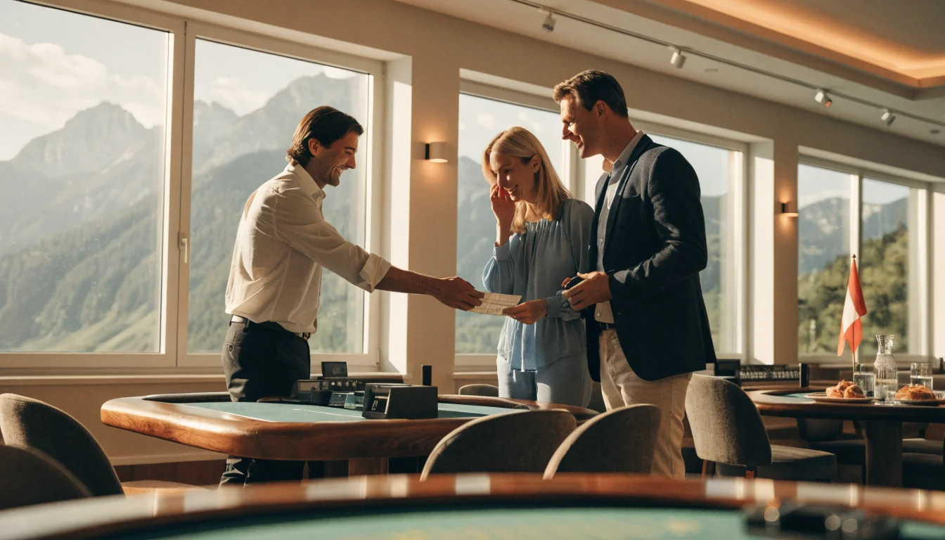 Ein eleganter Casino-Loungewürfel in Österreich mit einem Paar, das einen Cashback-Gutschein erhält.