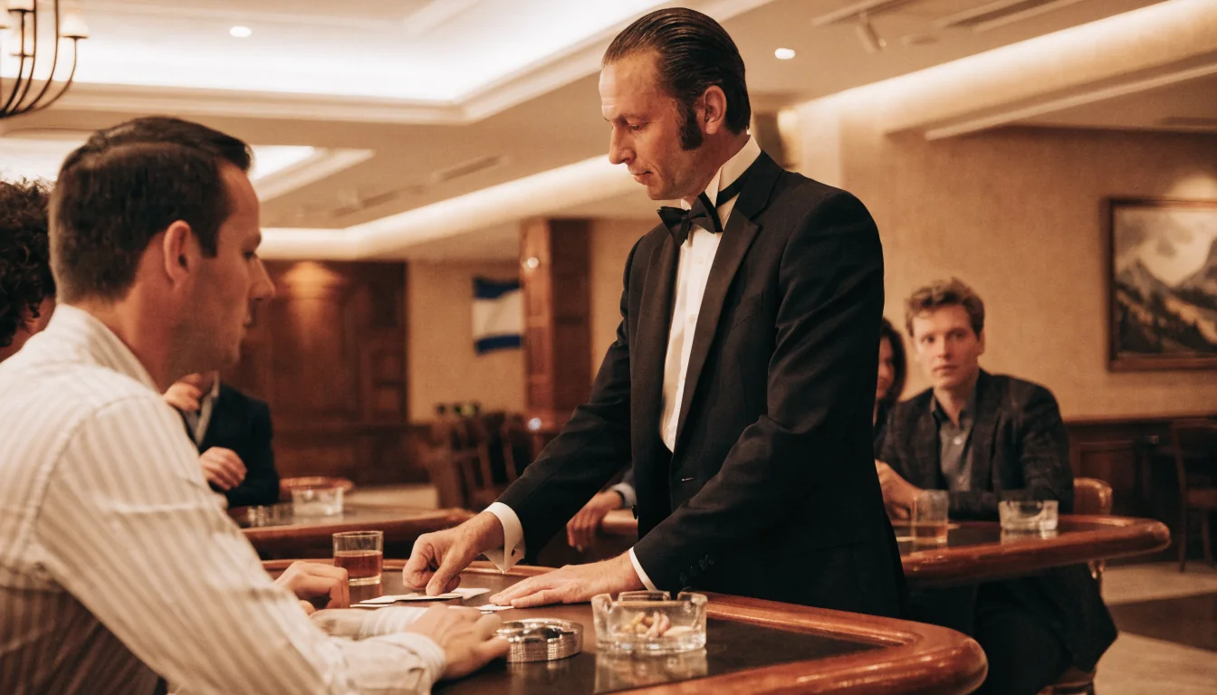 Eleganter Casino-Interior mit Dealer und alpinen Elementen