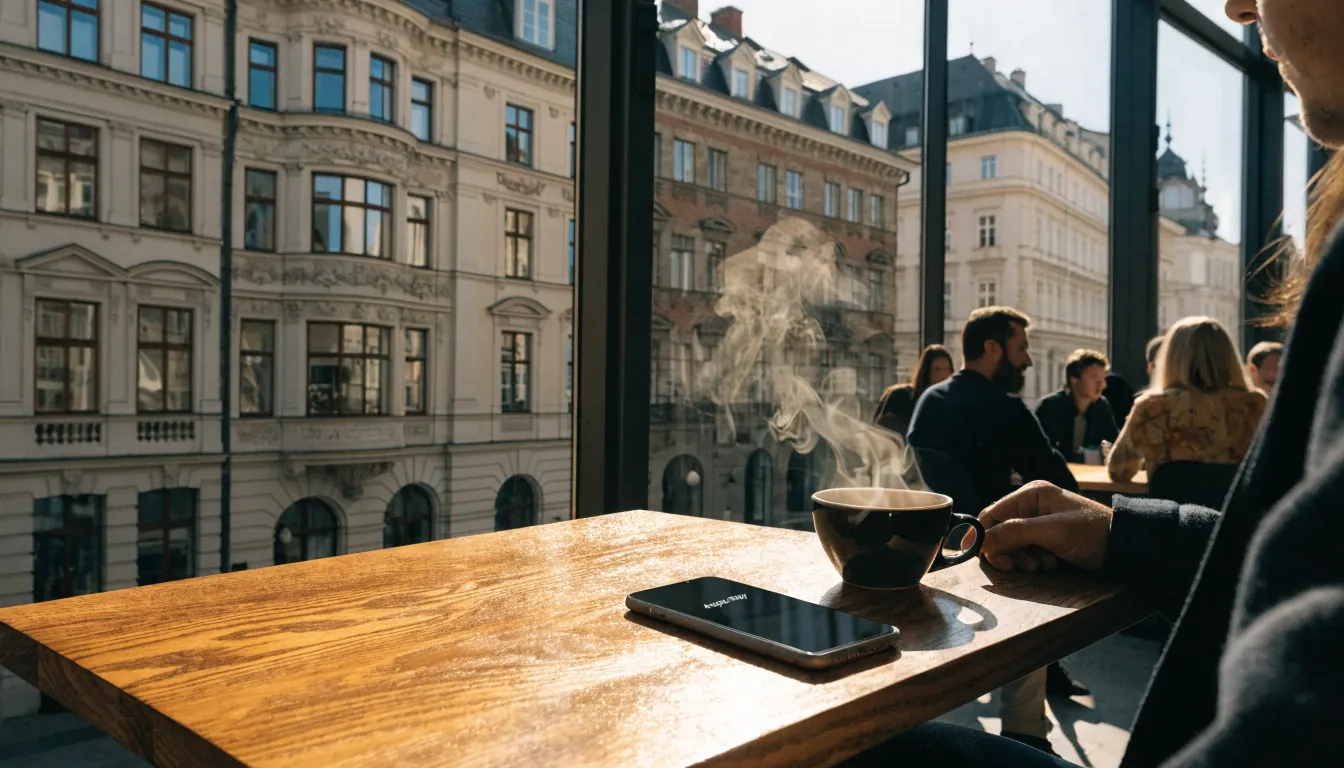Smartphone mit Apple Pay neben Kaffee im Wiener Café