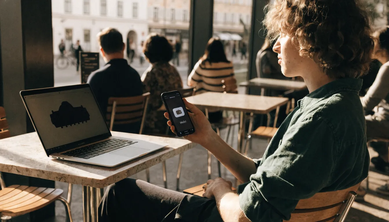 Junger Erwachsener mit Smartphone und Laptop im Wiener Café, zeigt digitale Geldbörse.