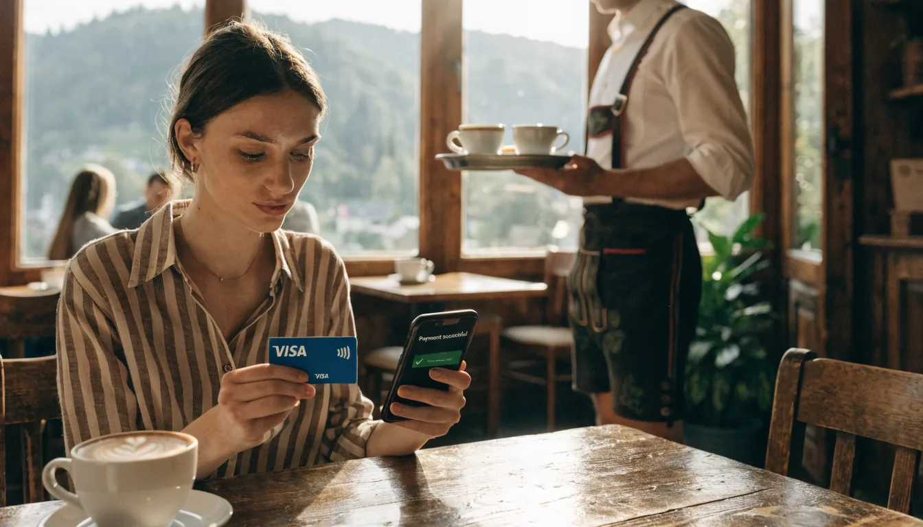 Junge Frau zahlt mit Visa in einem Wiener Café.