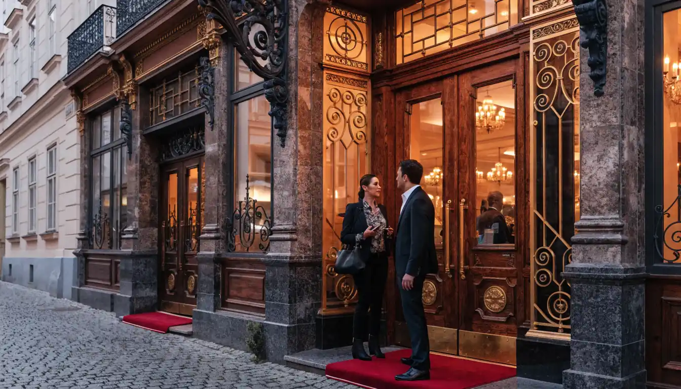 Eleganter Casino-Eingang in Wien bei Abendbeleuchtung mit stilvollen Passanten