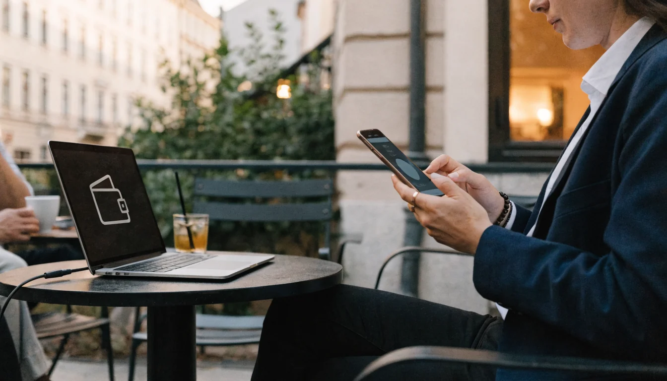 Venezianische Terrasse mit Laptop und Smartphone, dezente Abendbeleuchtung