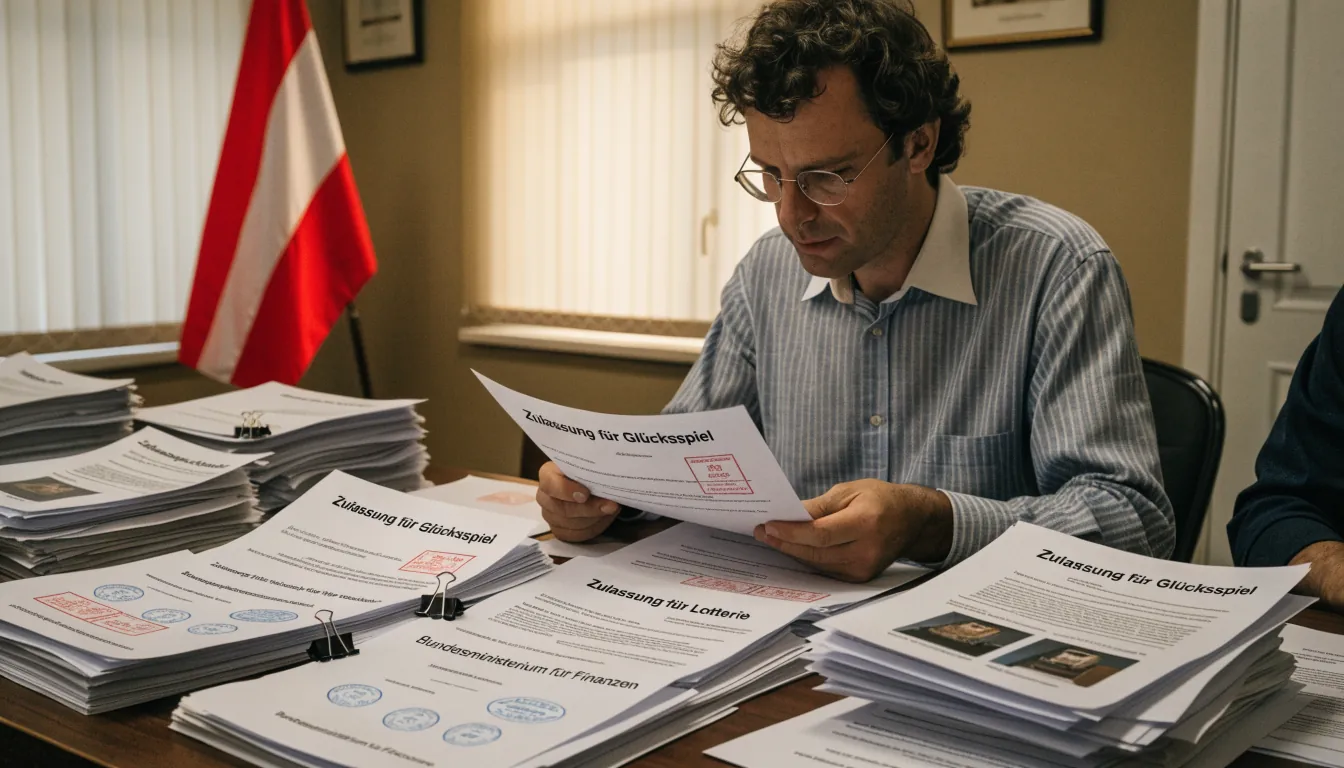 Büro mit österreichischer Flagge, Dokumentenstapel und Prüfer