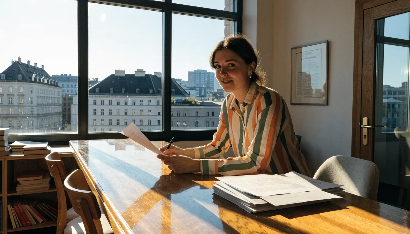 Freundliche Empfangsdame im österreichischen Büro mit Stadtblick