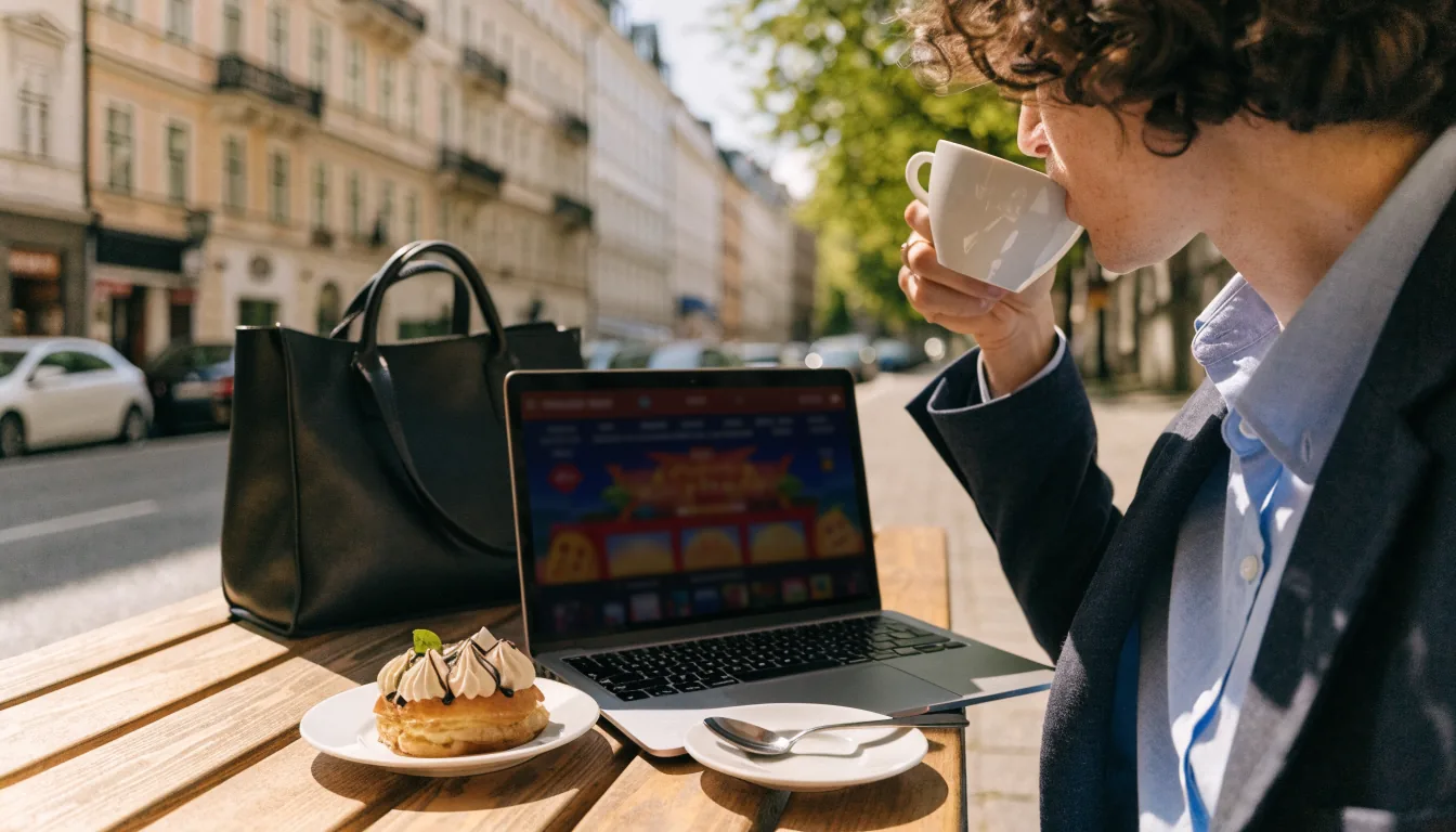 Person im Café mit Laptop, Café‑Szene in Wien, entspannte Atmosphäre