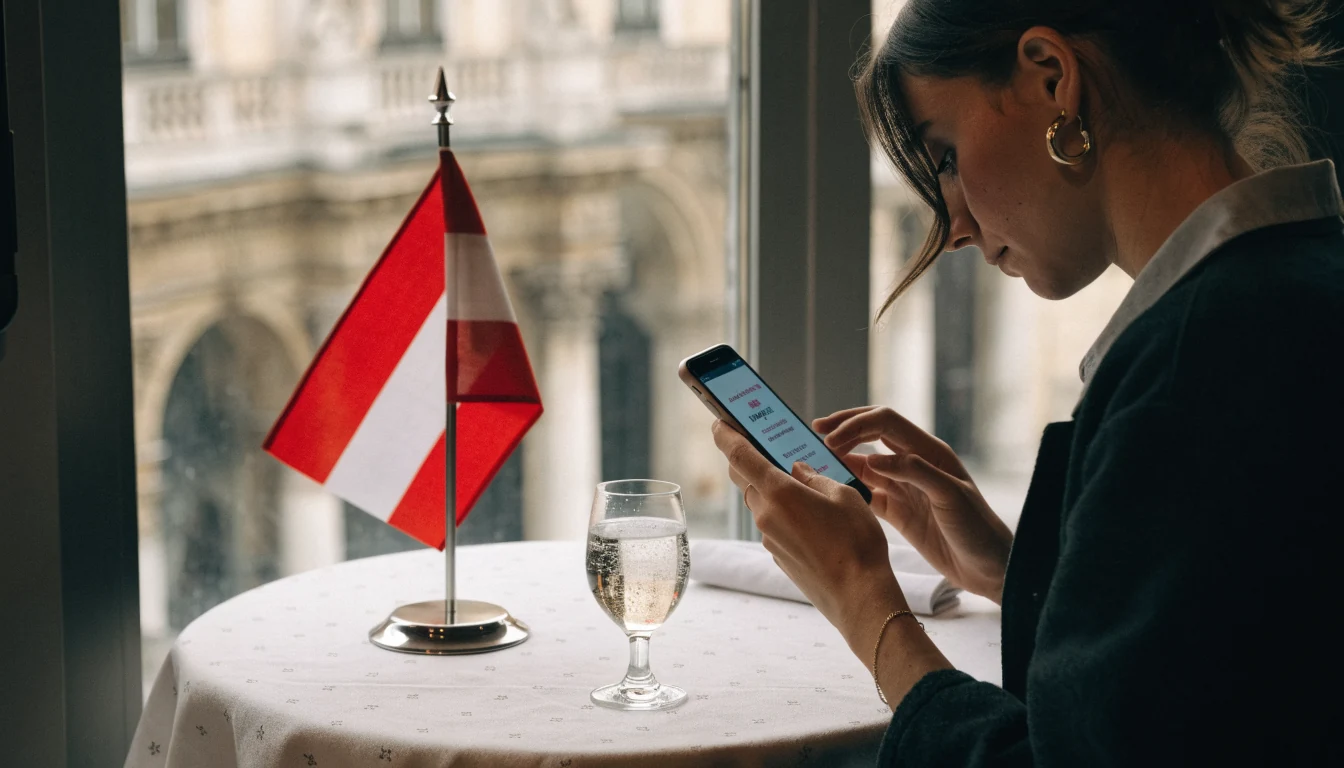Junge Frau mit Smartphone und Gutschein‑Code in Wiener Café bei Tageslicht