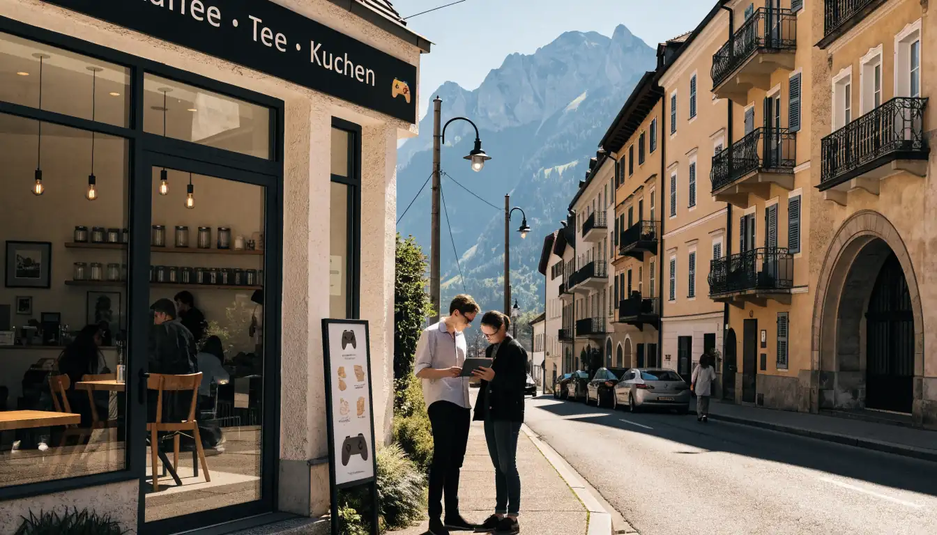 Österreichische Straßenszene mit Café, Spielern und Tablet im Tageslicht