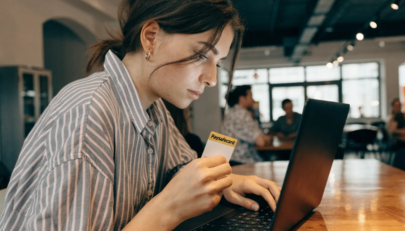 Junge Frau mit Paysafecard in einem österreichischen Café, Laptop im Hintergrund, warme Beleuchtung.