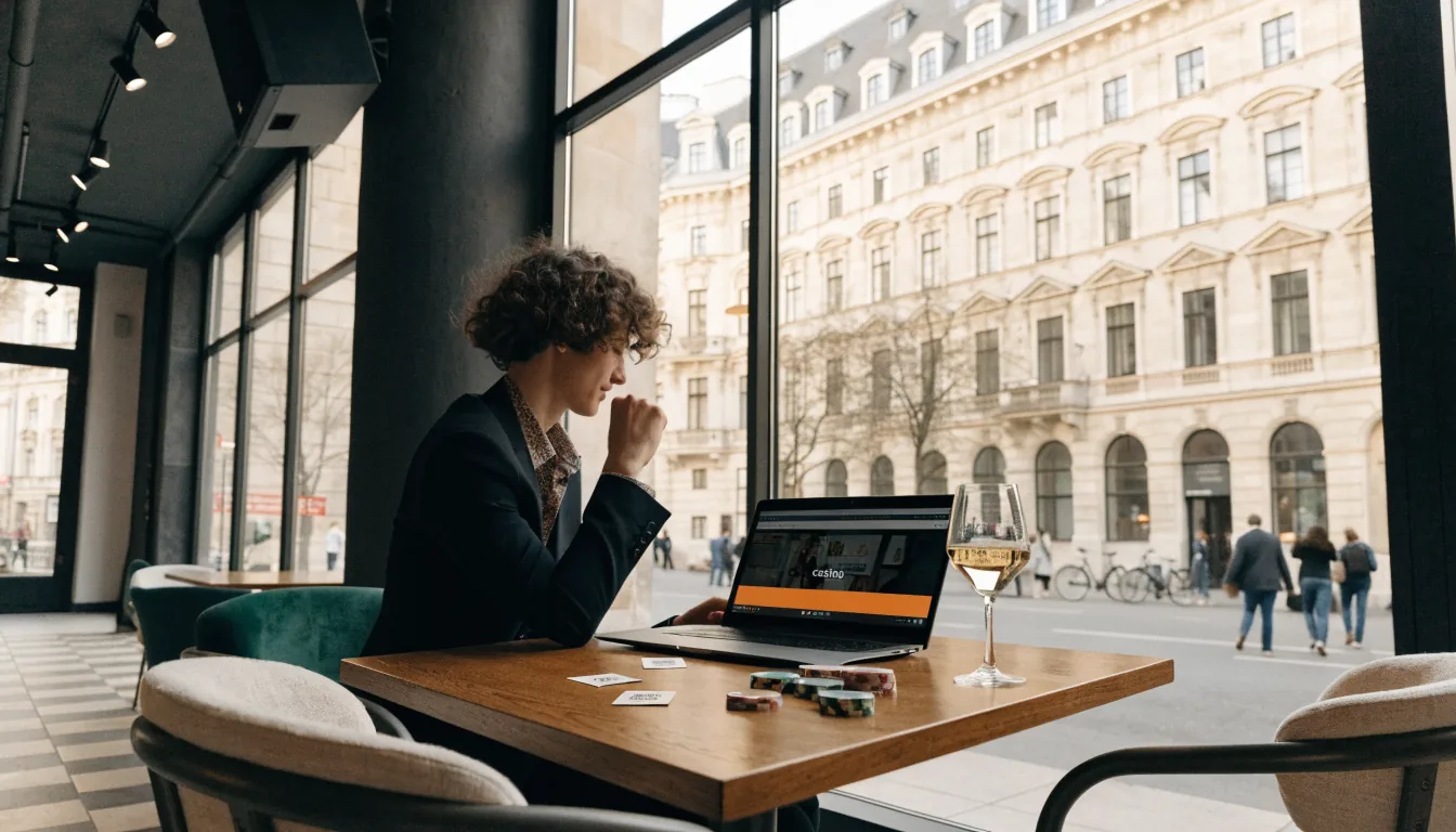 Modernes Wiener Café mit Casino-Chips und Laptop