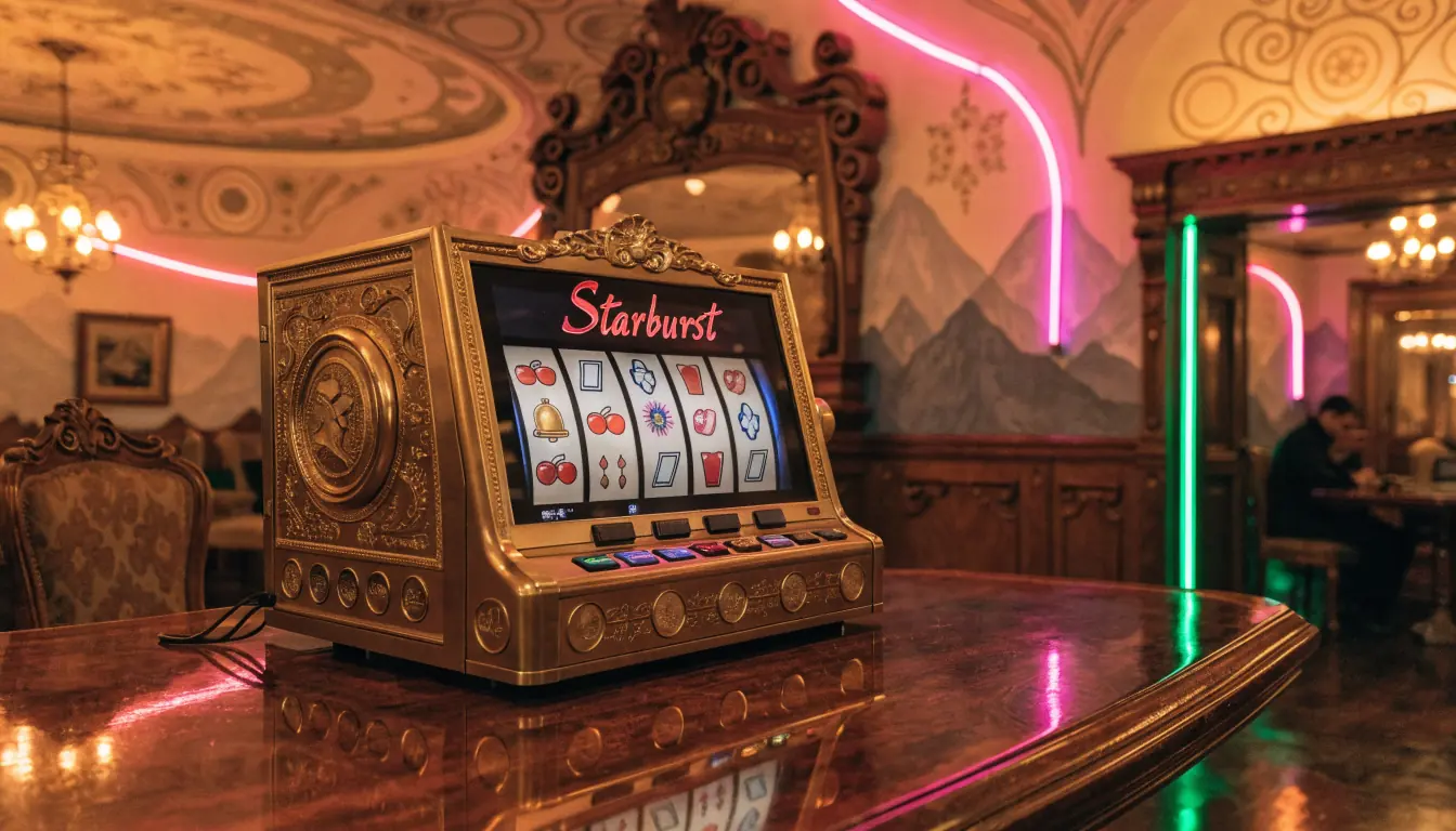 Leuchtender Casino-Interior mit Starburst-Spielautomat in Wien