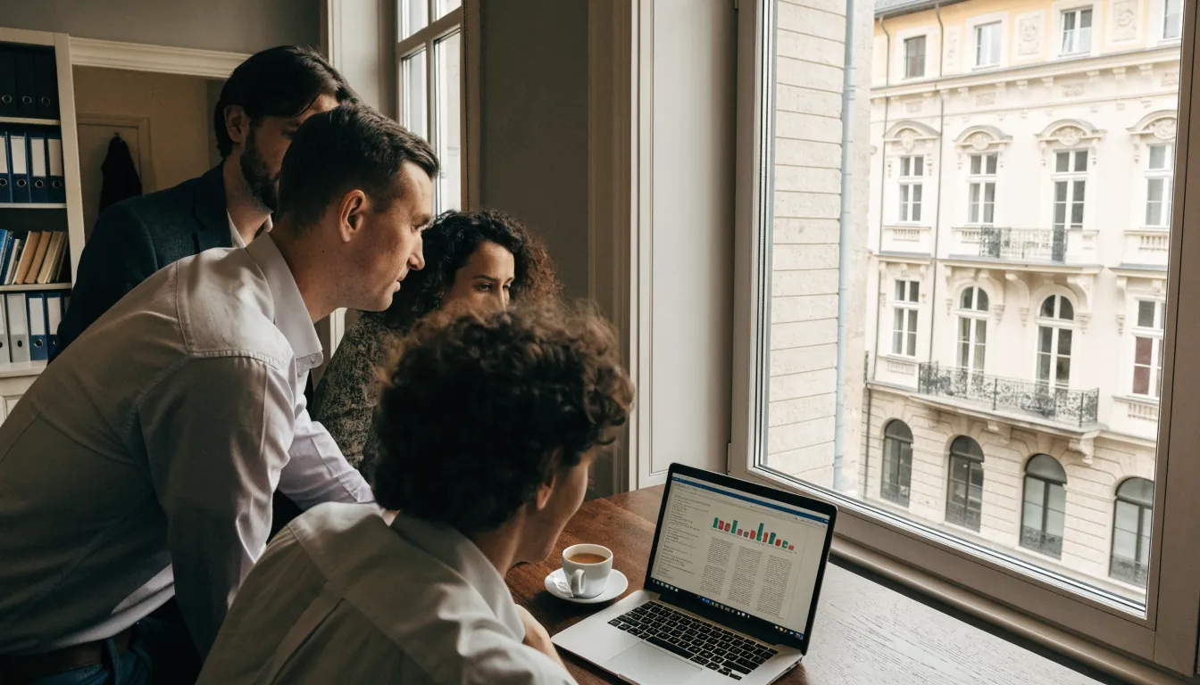 Redaktionsteam in einem Wiener Büro bei natürlichem Licht